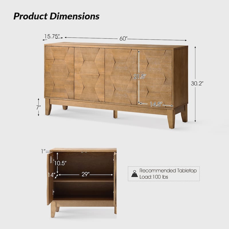Silakan Mid-Century Modern 4-Door Large Storage Sideboard with Solid Wood Legs by HULALA HOME