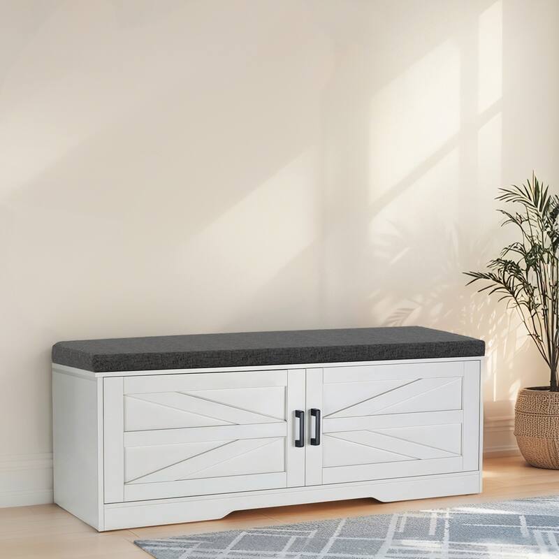 Farmhouse Shoe Bench with Padded Seat Cushion
