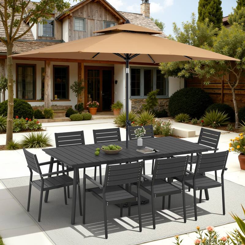 11-Piece Outdoor Dining Set 8 Stackable Chairs and Aluminum Table w/ 10 ft Umbrella and Base Stand - Black Table with Tan Umbrella