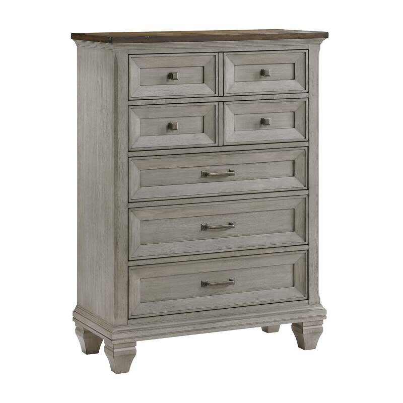 Giny Tall Dresser Chest, 5 Drawers, Brown and Antique Gray Acacia Wood