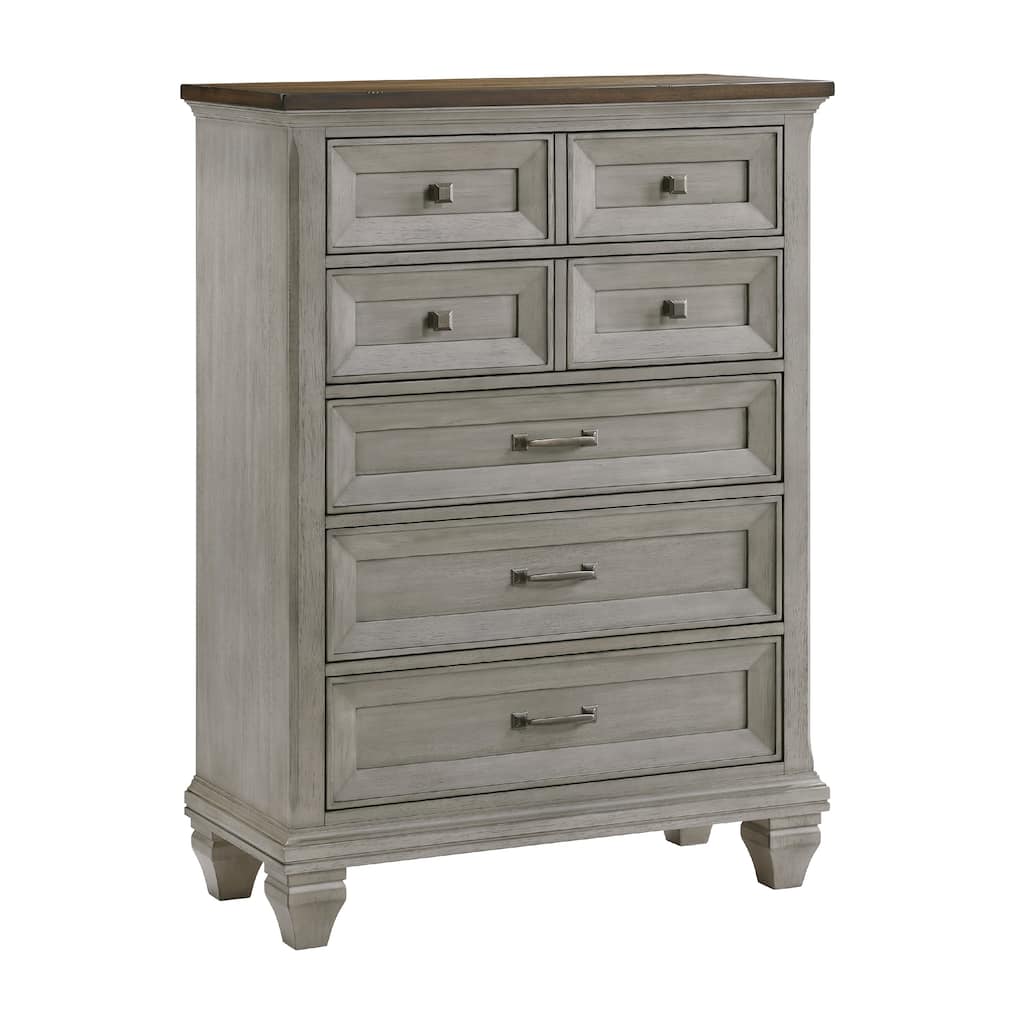 Giny Tall Dresser Chest, 5 Drawers, Brown and Antique Gray Acacia Wood