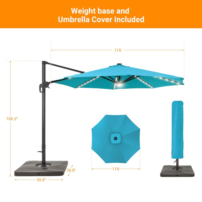 BONOSUKI 11ft LED Aluminum Patio Cantilever Offset Umbrella with Base