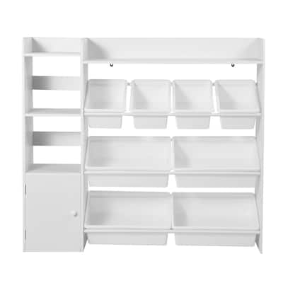 White MDF Kids Toy Organizer with Bookshelves, Bins and Storage Cabinets