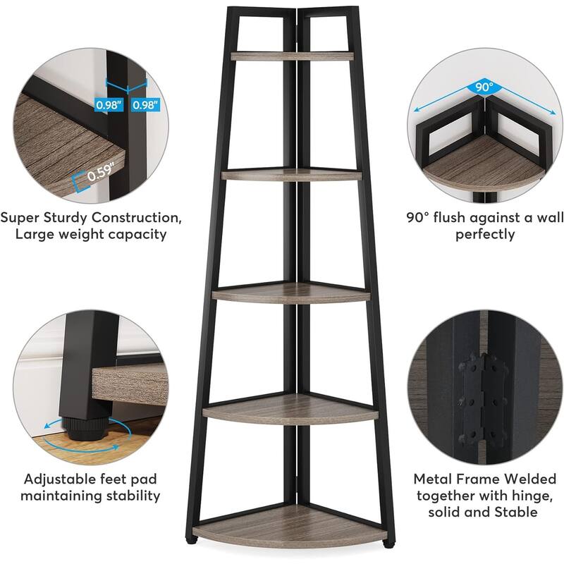 70 inch Tall Corner Shelf, 5 Tier Bookshelf Bookcase, Modern Corner Ladder Shelf Plant Stand for Living Room