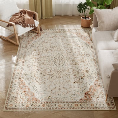 HOMCOM Area Rug 4x6, Machine Washable Rug, Non-Slip Classical Floral Print Floor Cover Foldable Carpet for Living Room - 3'6"
