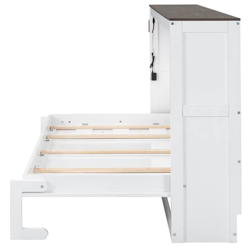 Space-Saving Foldable Twin Bed with LED Light and Cabinet, White+Brown