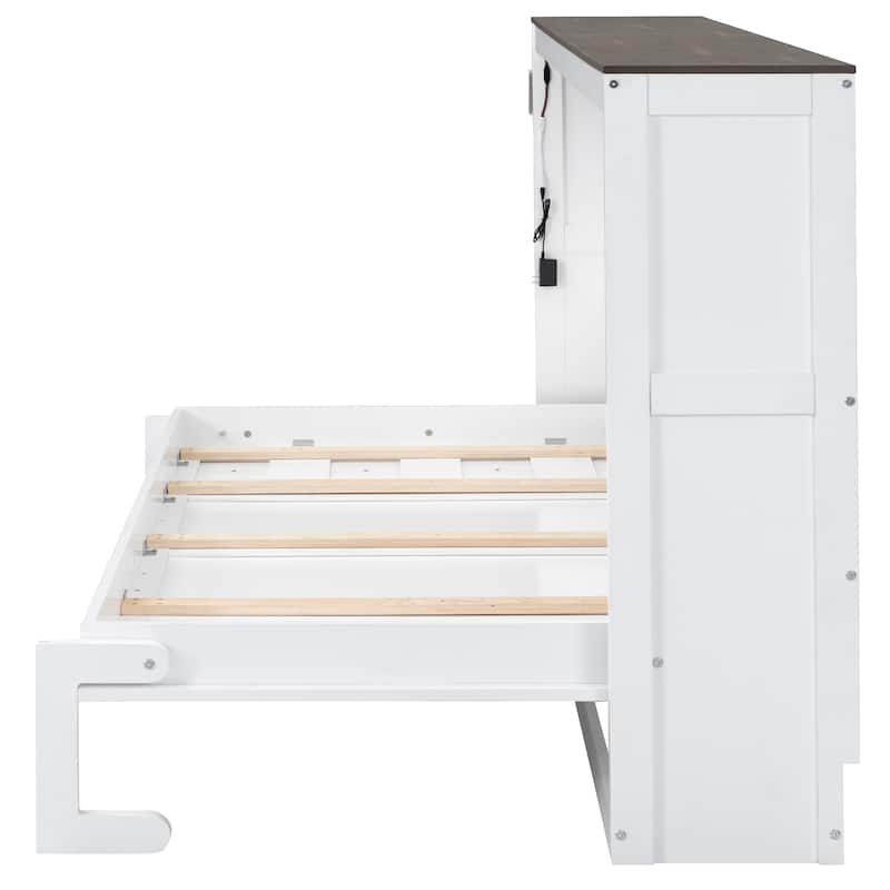 Twin Size Wall Murphy Bed Chest with LED Lights, Wood Hideaway Wall Bed Cabinet, Foldable into a Cabinet