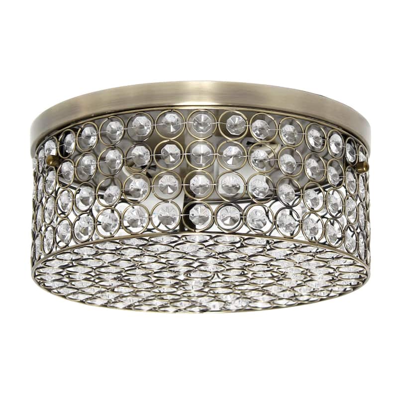 Two Light Decorative Round Crystal Flush Mount Ceiling Light Fixture - 12" - Bronze and Clear
