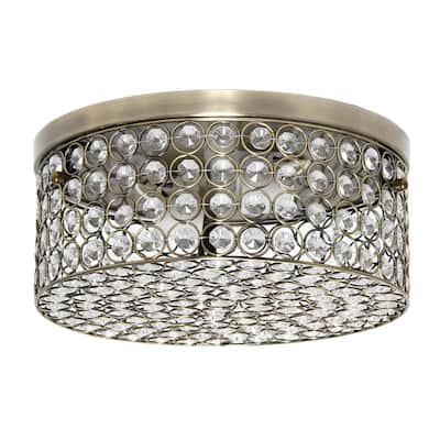 Two Light Decorative Round Crystal Flush Mount Ceiling Light Fixture - 12" - Bronze and Clear