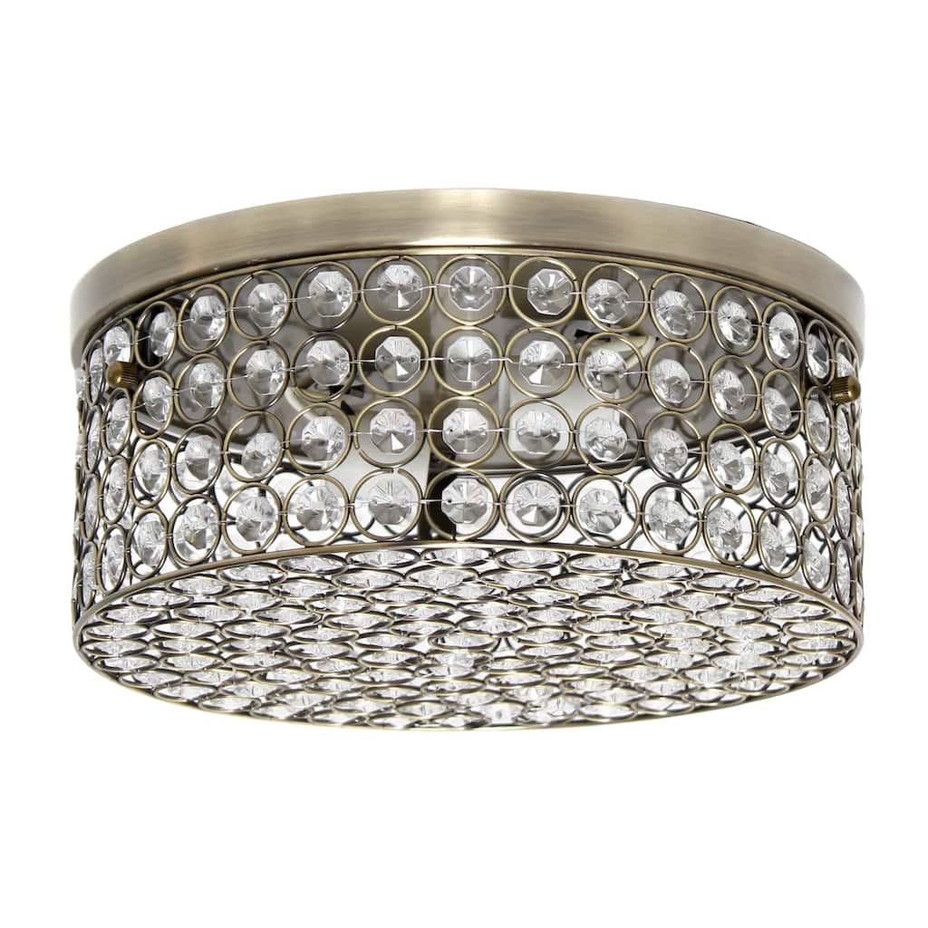Two Light Decorative Round Crystal Flush Mount Ceiling Light Fixture - 12" - Bronze and Clear
