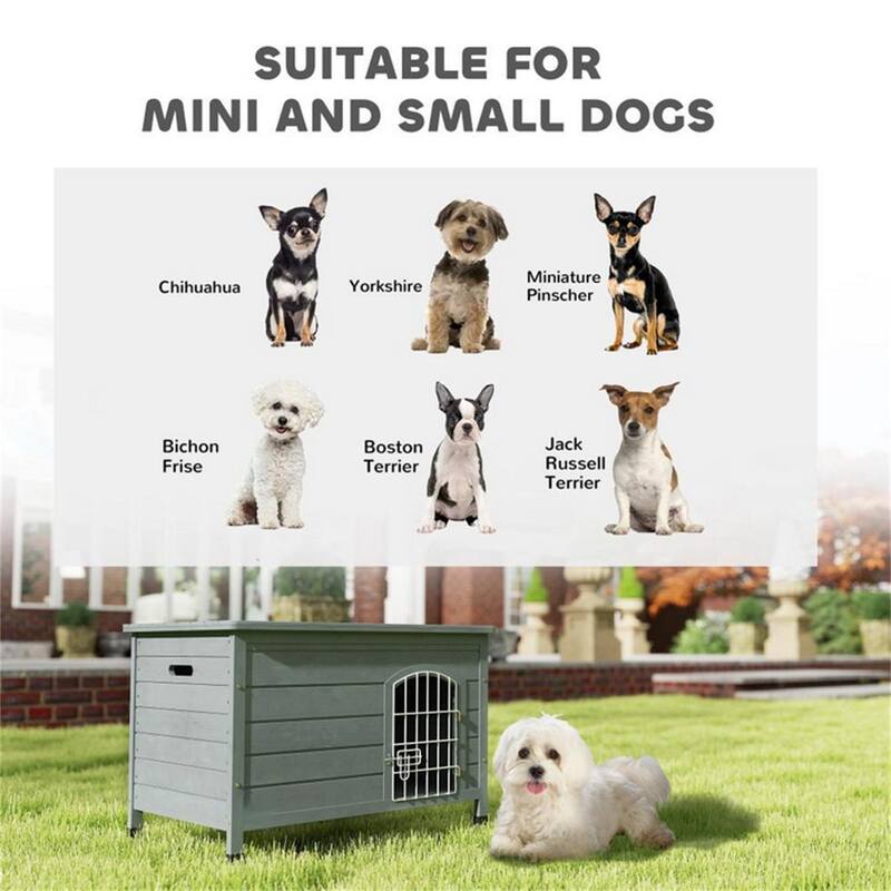 Dark Gray Fir Wood Dog Kennel House with Wire Lock Door Removable Bottom Panel