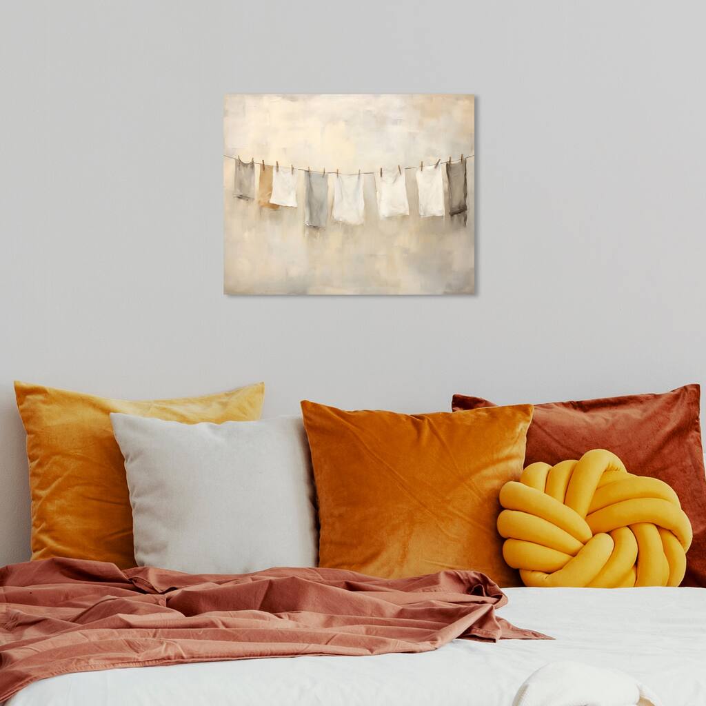 Wynwood Studio Canvas Bath and Laundry Sun drying clothing White and Tan Farmhouse Wall Art Canvas Print