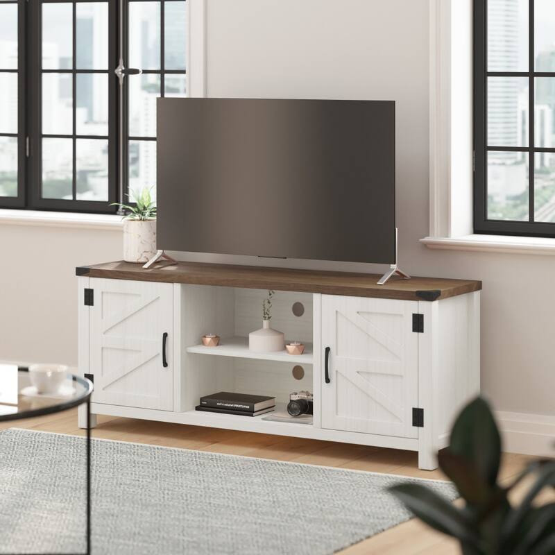 59" Modern Farmhouse Media Console with Barn Doors & Adjustable Shelf - White/Walnut