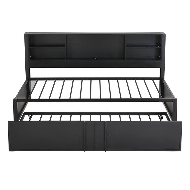 Black Metal Twin Daybed with Trundle and USB Ports
