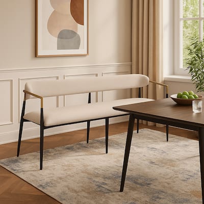 Vonn Dining Bench, Modern 62 Inch Black Metal Frame, Beige Fabric Back