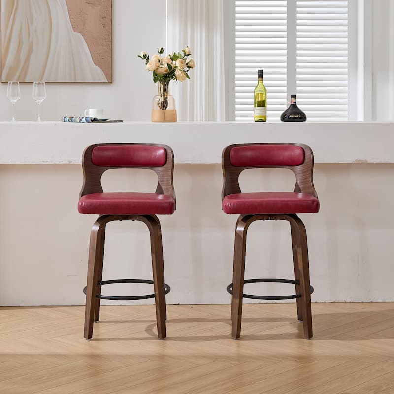SEYNAR PU Leather 360 Degree Swivel Open Back Bar Stools Wood Legs Set of 2
