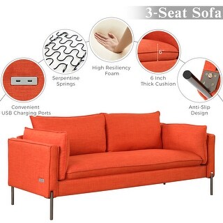 3-Seat Linen Sofa with USB Charging Ports and Pillows. - Bed Bath ...