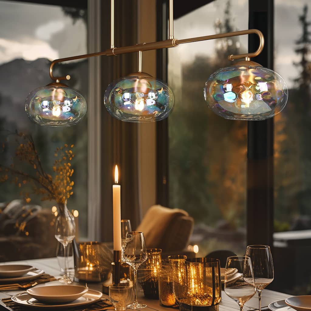 Modern 3-Light Gold Chandelier Oversized Linear Textured Glass Pendant for Kitchen Island Dining Room