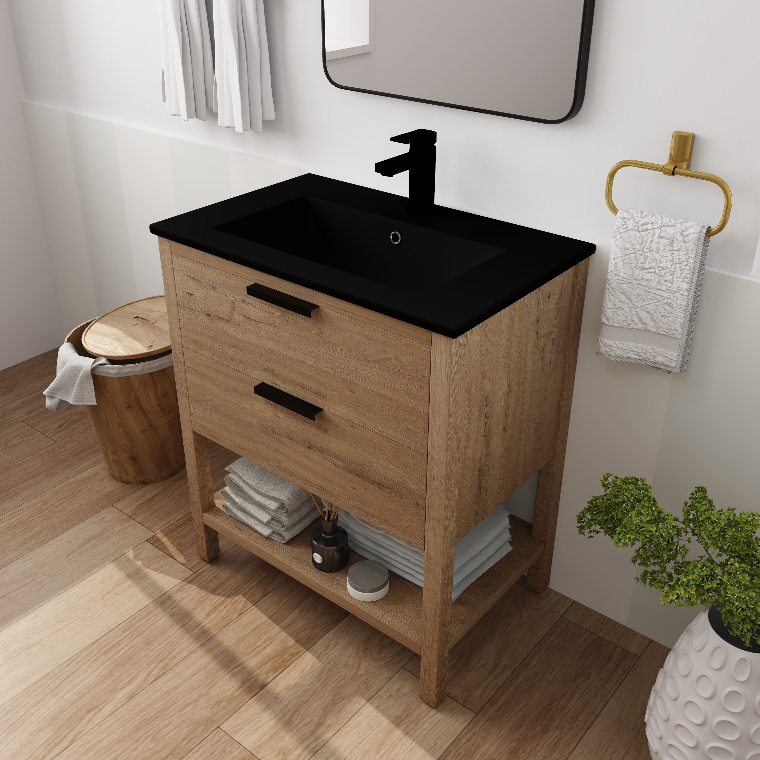 30'' Bathroom Vanity with Sink, Modern Bathroom Cabinet with Towel Rack,  Freestanding Bathroom Vanity with Drawer and Shelves