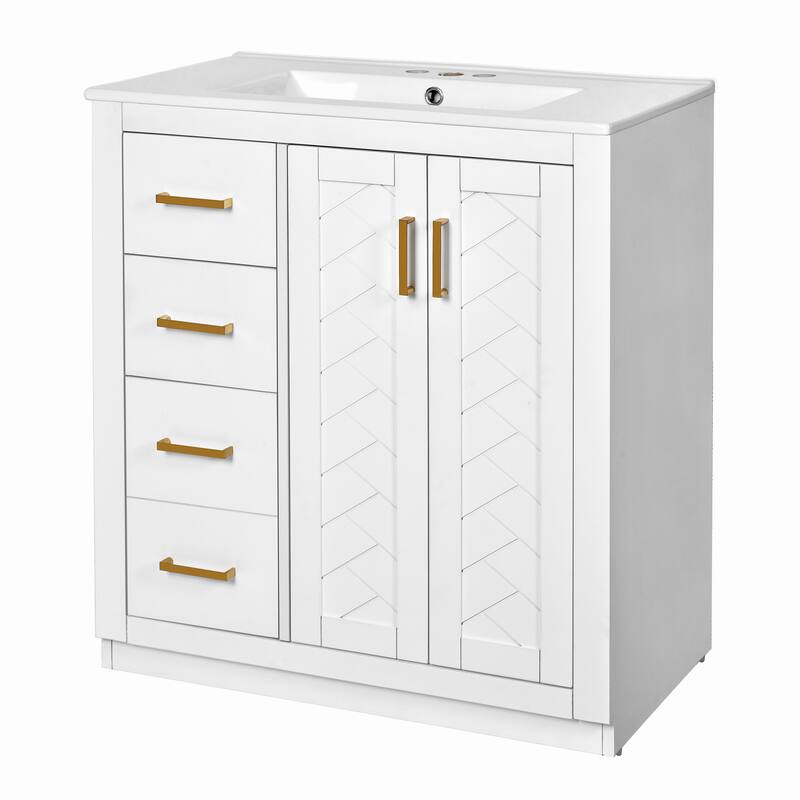 30" Modern Bathroom Vanity Combo with Ceramic Sink, Solid Wood Frame, 3 Drawers, Storage Cabinet