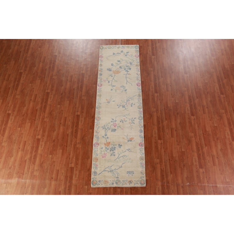 Hand Knotted Oriental 100% Wool Carpet Traditional Floral Beige & Ivories Art Deco Runner Rug - 10' 3'' X 3' 0''