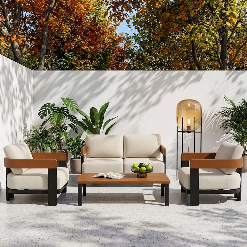 4-Piece Outdoor Patio Sofa Set with Coffee Table Rust-Resistant Steel Frame， Waterproof & UV-Resistant Olefin Cushions - Black