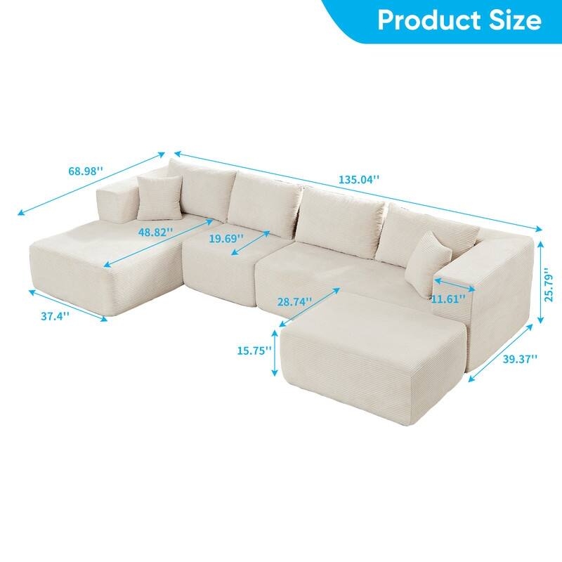 Minimalist 135" Oversized Modular Sofa, 4-Pieces Free Combination, No Assembly Required - U-Shaped Sofa