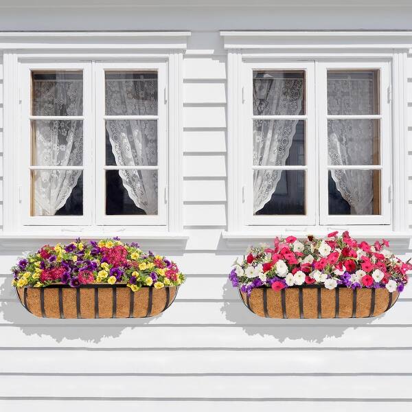 30 Inch Window Deck With Coco Liner, 30" Window Boxes Horse Trough With Coconut Coir Liner, Fence Metal Hanging Flower Planter Window Basket Deck Railing Planter Boxes For Outdoor Garden Lawn, 2pcs