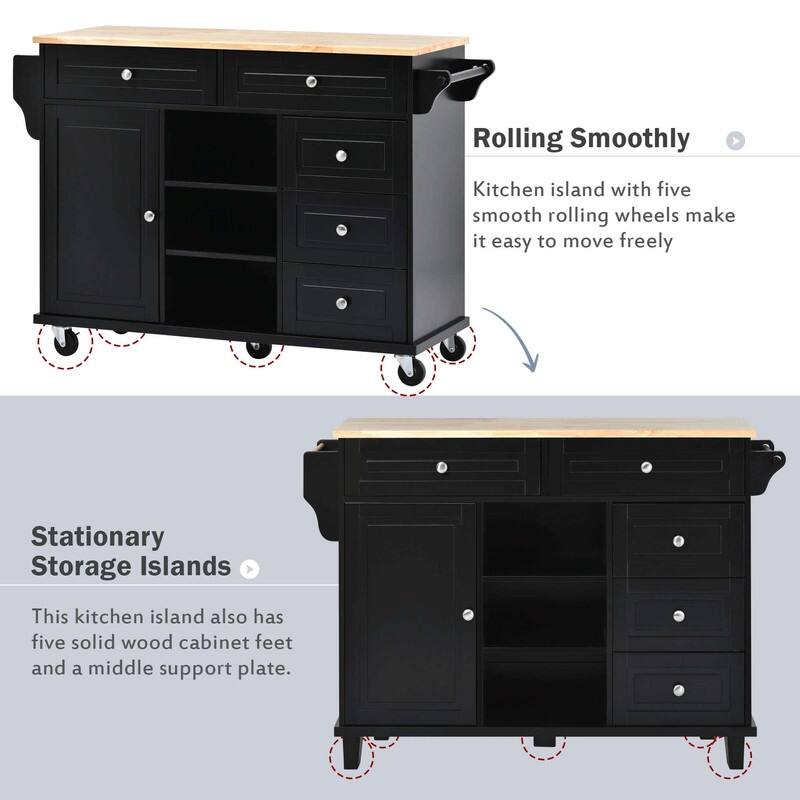 53-Inch Width kitchen Island cart with storage and 5 draws