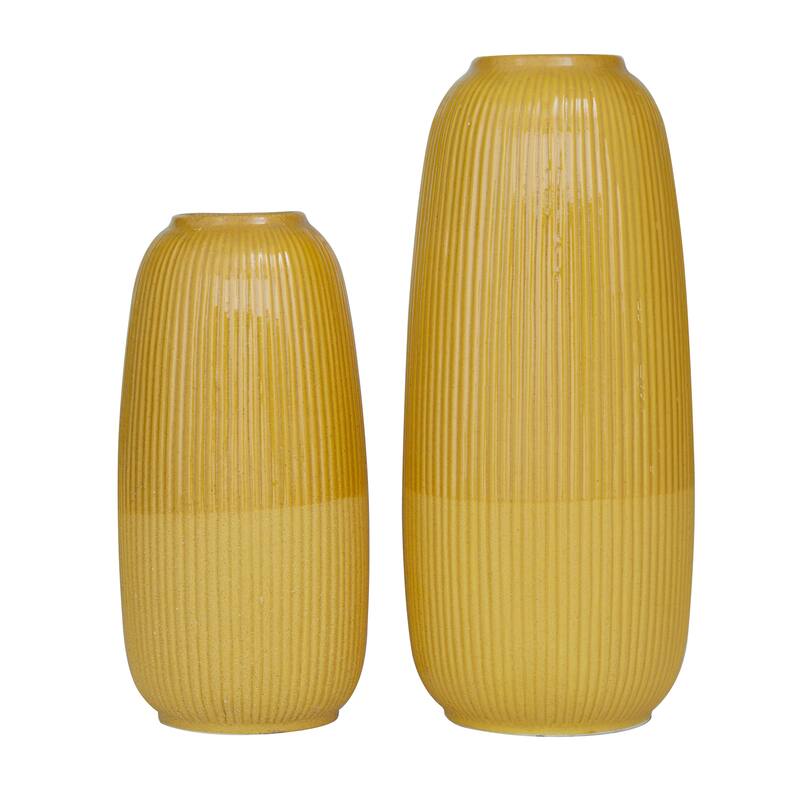 CosmoLiving by Cosmopolitan Ceramic Vases with Eye-Catching Ring Ribbing (Set of 2) - Yellow, White, Dark Blue