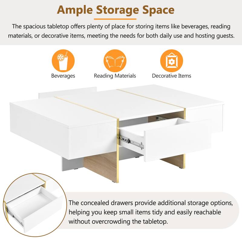 Roomfitters Modern High Gloss Coffee Table with Golden Wood Grain Legs, Rectangle Center Table with Storage