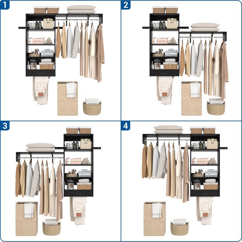 60'' Wall-mounted Closet System with Hanging Rods, Clothing Organizer with Tower Shelves for Laundry Room