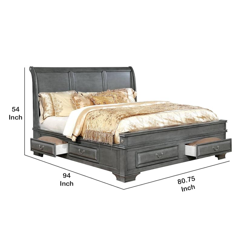 Transitional California King Wooden Bed with Multiple Bottom Drawers, Gray
