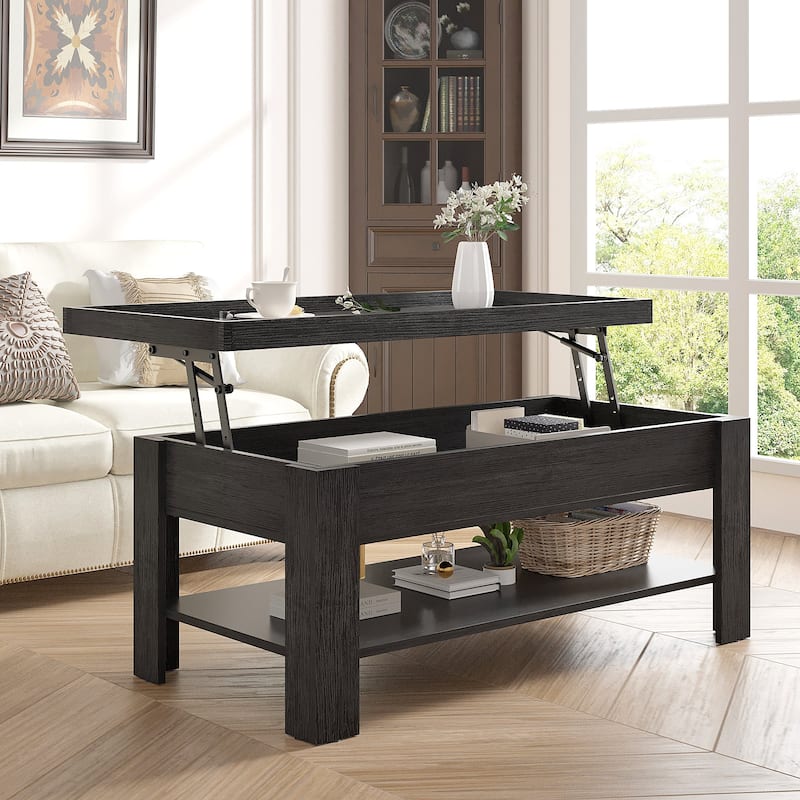 VECELO Lift Top Coffee Table with Hidden Storage and Open Shelves–Modern Center Table for Living Room and Small Spaces - Black