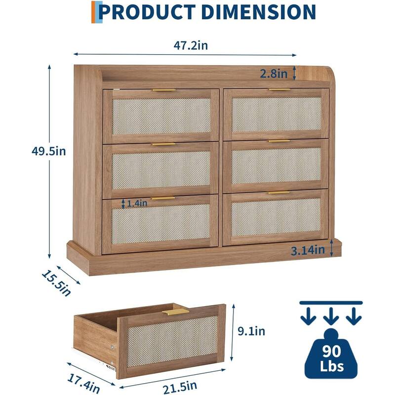 47.2" Rattan 6 Drawer Dresser Chest of Dressers with Ample Storage