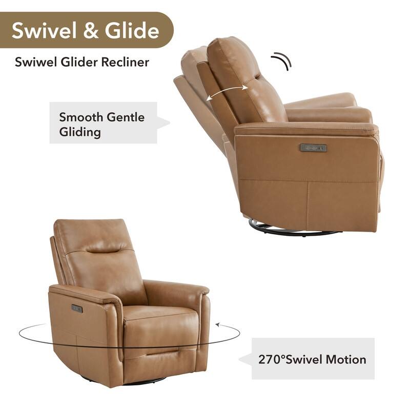 Spruce & Spring Genuine Leather Swivel Glider Recliner with Adjustable Headrest