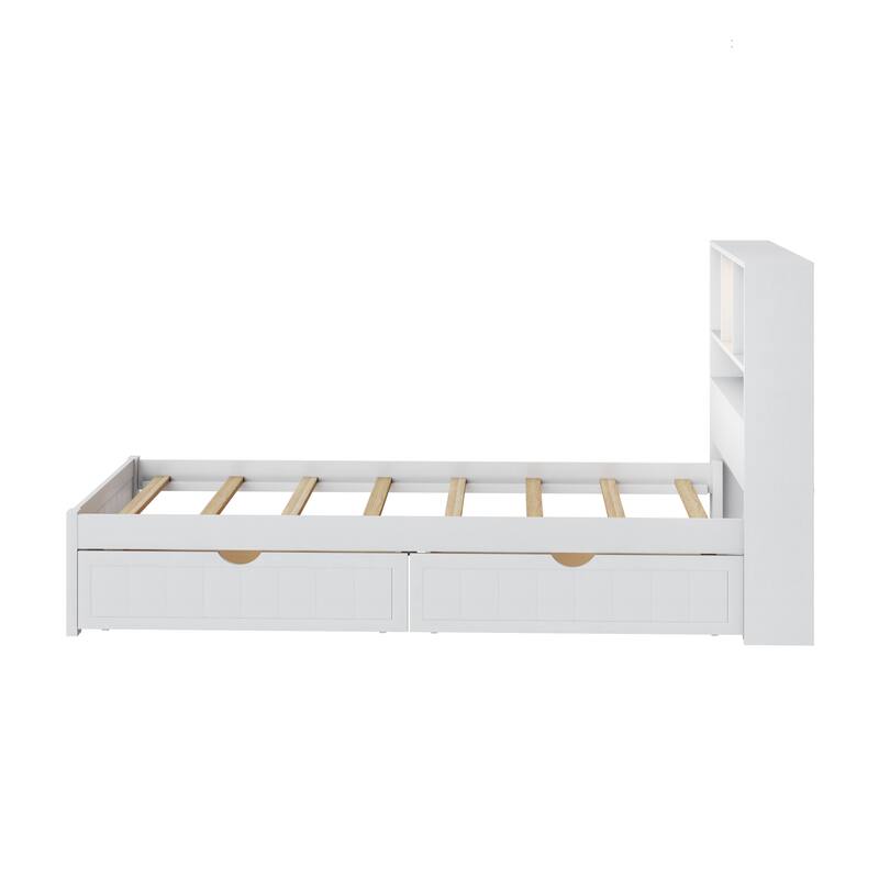 Wood Platform Bed with Bookcase Headboard, Built-in Downlight, Charging Station & 2 Side Drawers
