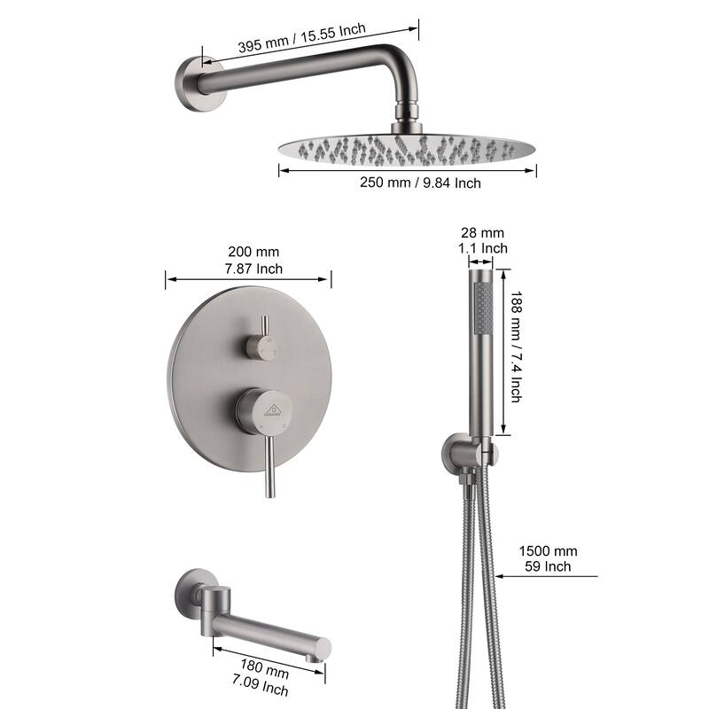 1-Spray Pattern 10-inch Round Wall Mount Shower System with Tub Faucet