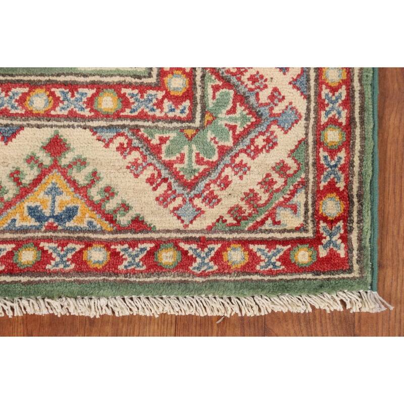 Green Geometric Kazak Accent Rug Hand-Knotted Wool Carpet - 2'9" x 3'11"
