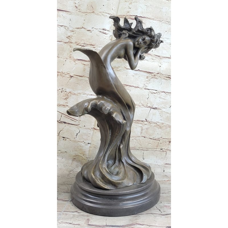 Water Goddess Mermaid Girl In Ocean Waves Nautical Bronze Figure Statue Sculpture