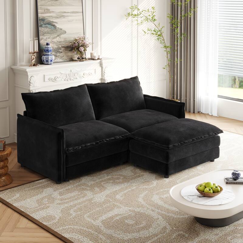75" Corduroy Sectional Sofa with Ottoman, 2-Seater