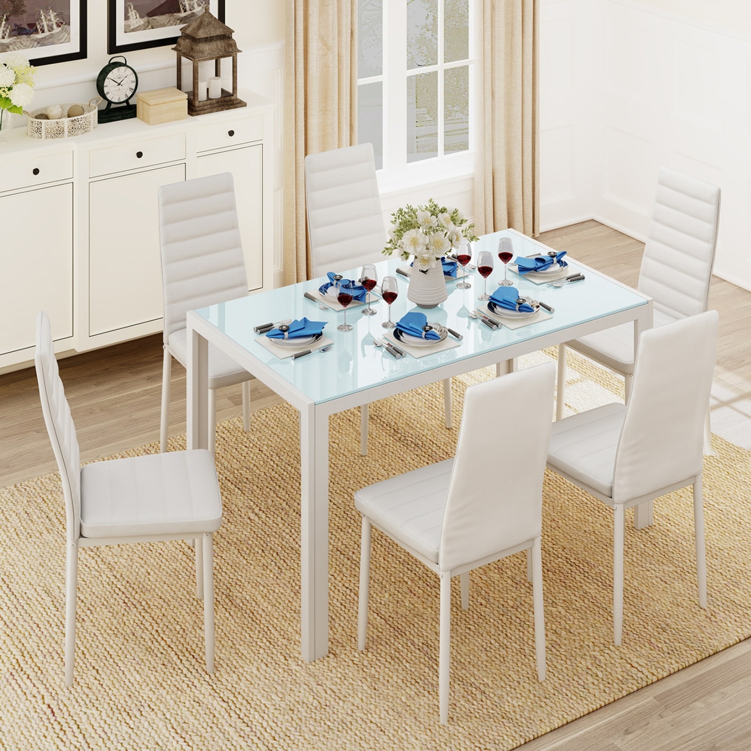 7 Piece Glass Top Dining Table Set for 6 with High Back PU Leather Chairs Marble