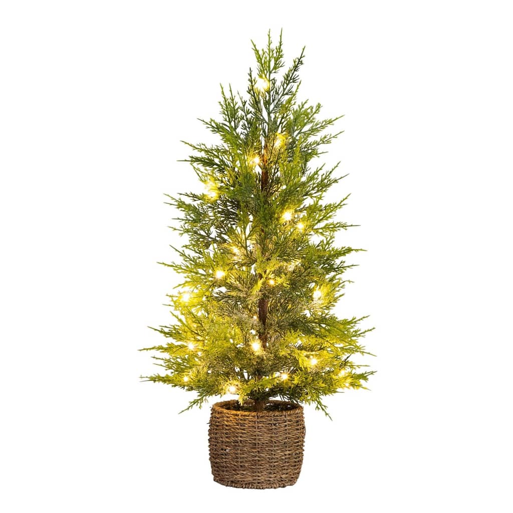 32in. Pre-Lit Lightly Snowed Cypress Artificial Christmas Tree with 30 Warm White LED Lights in Basket - Petite X-Mas Accent
