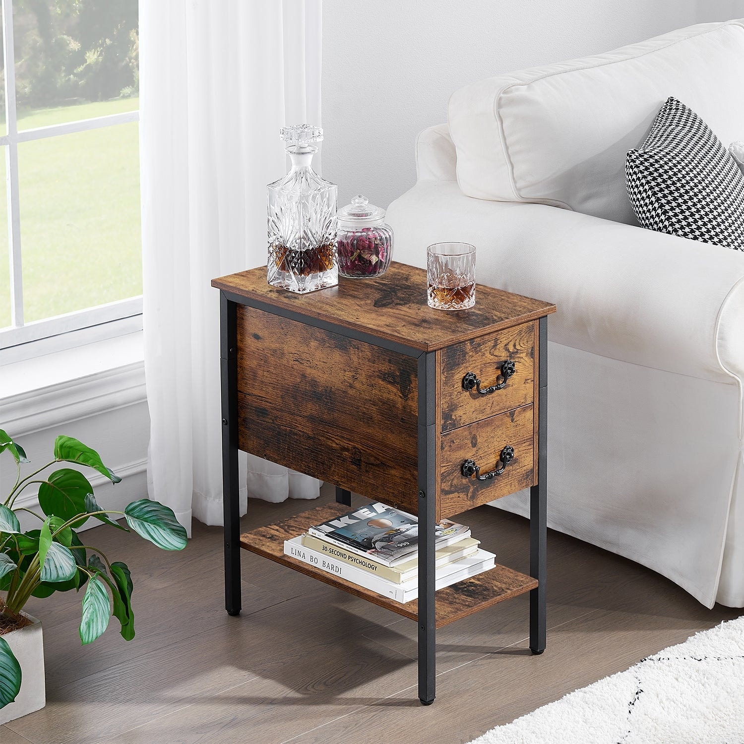 Industrial 2 Drawer Nightstand Narrow End Side Table Set of 2