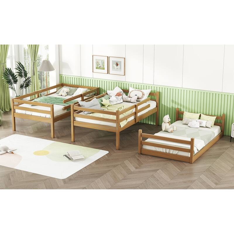 Roomfitters Triple Rubber Wood Bunk Bed, Detachable Twin over Twin over Twin with Ladders and Guardrails