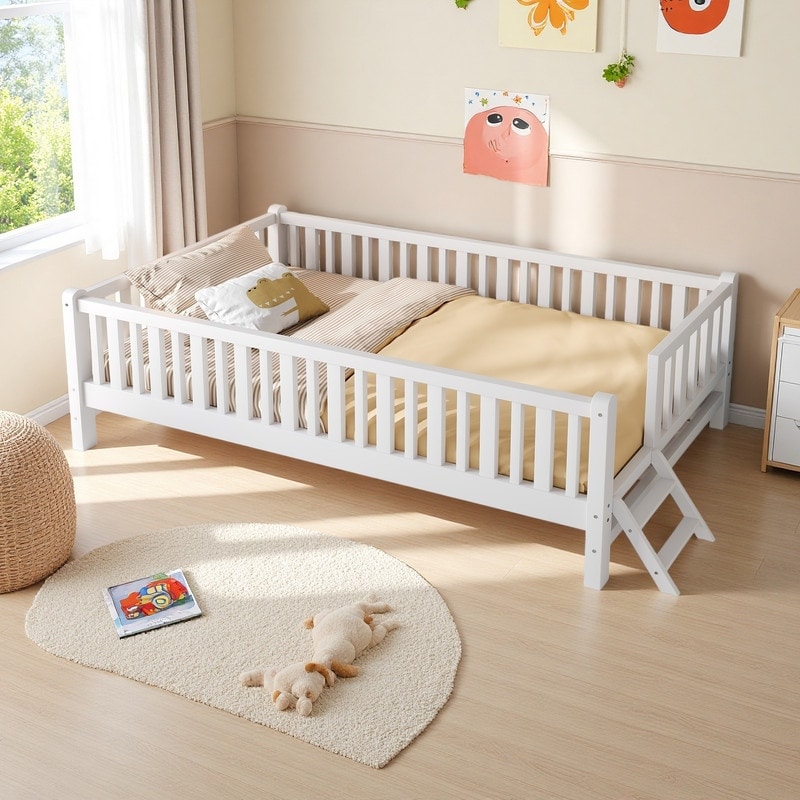 Twin Size Wood Platform Bed with Guardrail