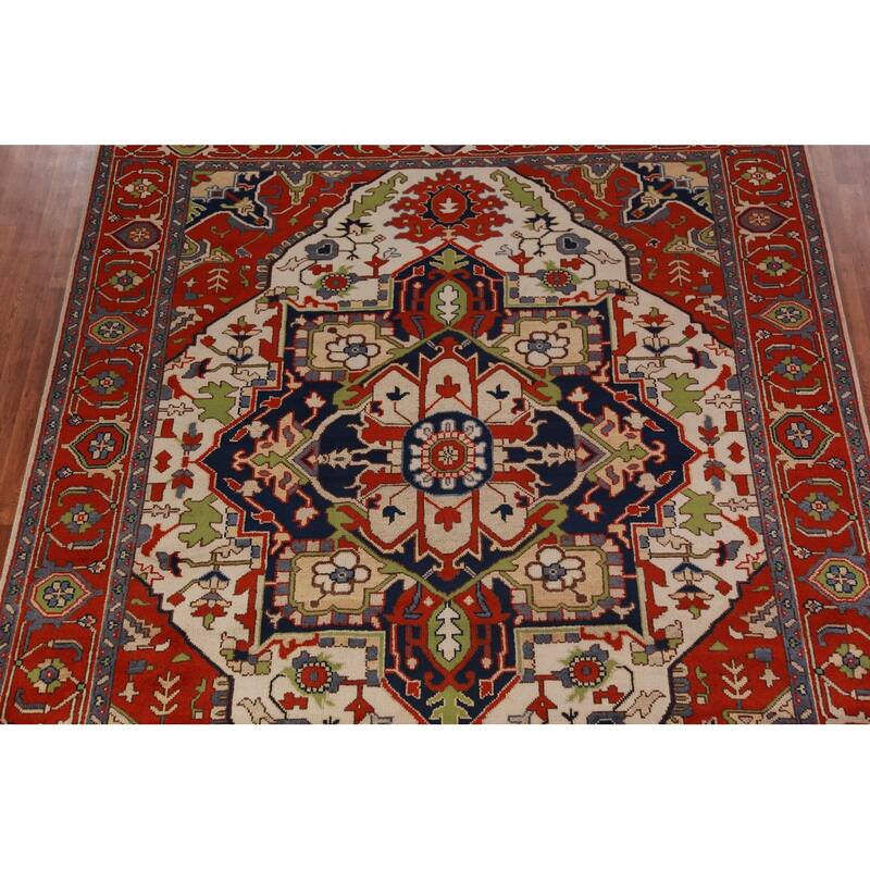 Ivory & Orange Heriz Serapi Indian Area Rug Handmade Wool Carpet - 8'11"x 11'9"