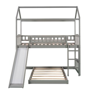 Gray Twin Over Twin Wood House Bed Bunk Bed with Convertible Slide and ...