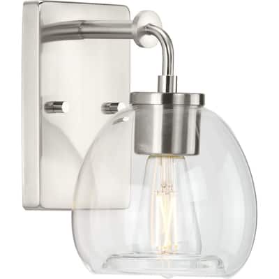 Caisson Collection One-Light Brushed Nickel Clear Glass Urban Industrial Bath Vanity Light - 6 in x 7.5 in x 9.12 in