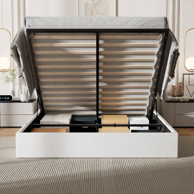 Modern Upholstered Lift-Up Storage Platform Bed with Headboard